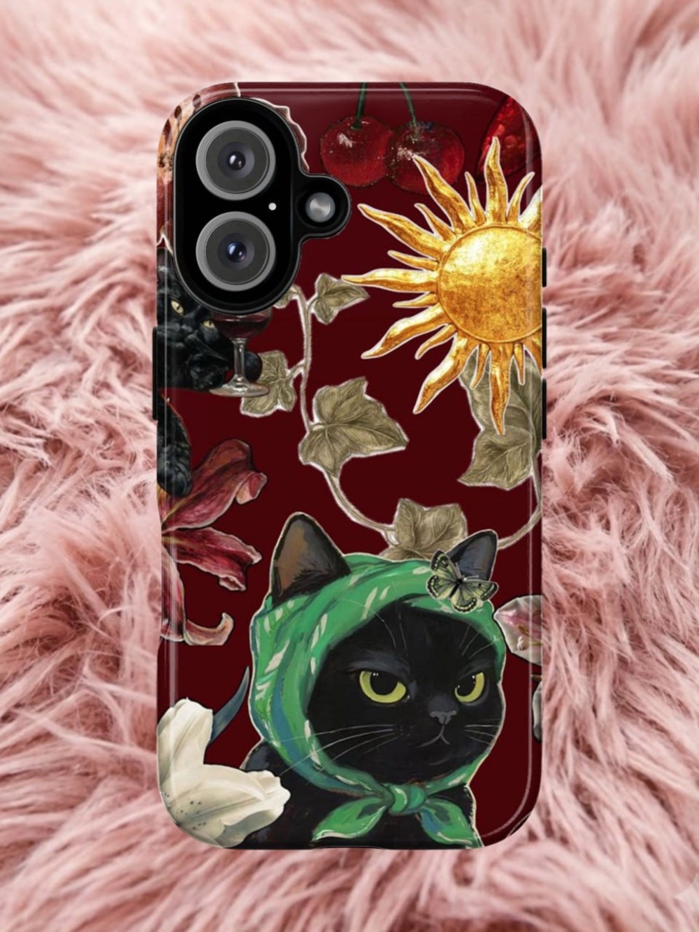 Black Cat Floral Phone Case in Burgundy with Green Scarf